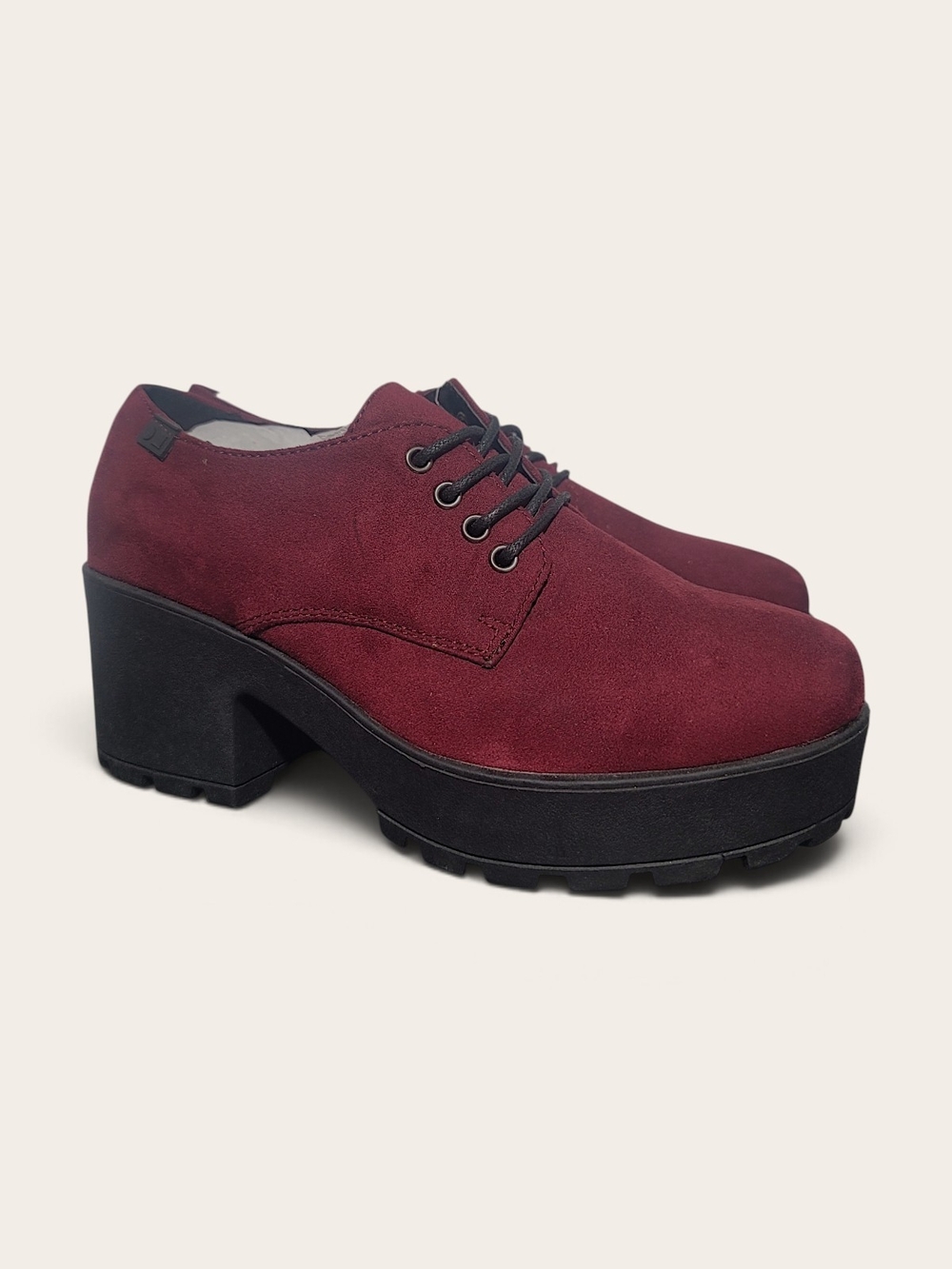 Velour Platform Lace-Up Heeled Oxfords in Burgundy Size 8